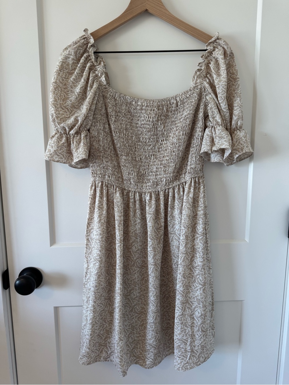 Amazon Women’s  Beige Floral Mini Dress with Puff Sleeves